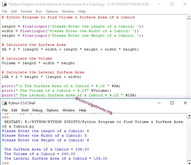 Python Program to find Volume and Surface Area of Cuboid 1