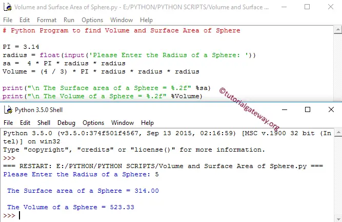 Python Program to find Volume and Surface Area of Sphere