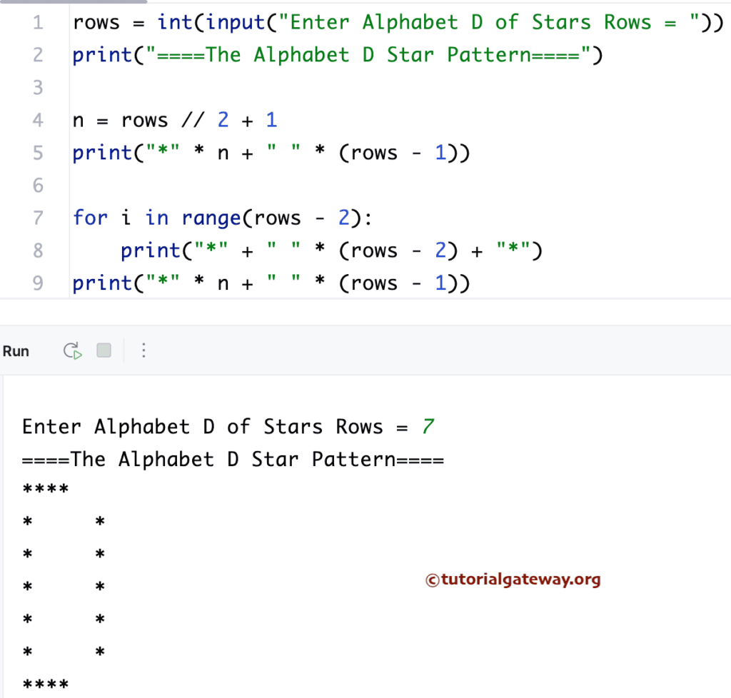 Python Program to print Alphabet D star pattern