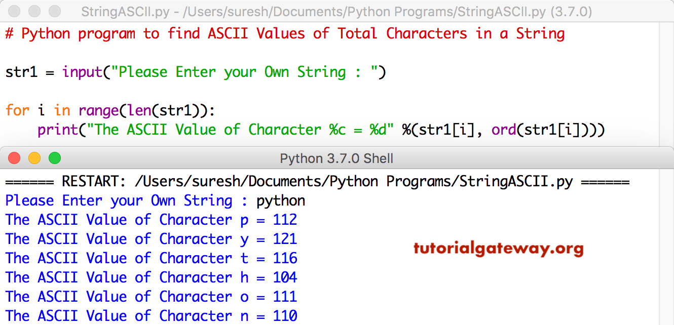 Python program to find ASCII Value of Total Characters in a String 1