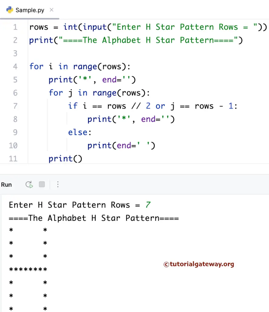 Python program to print the Alphabet H pattern of stars using for loop