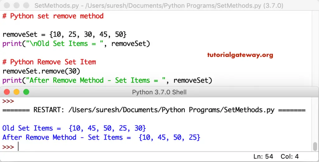 Python set remove function Example 1