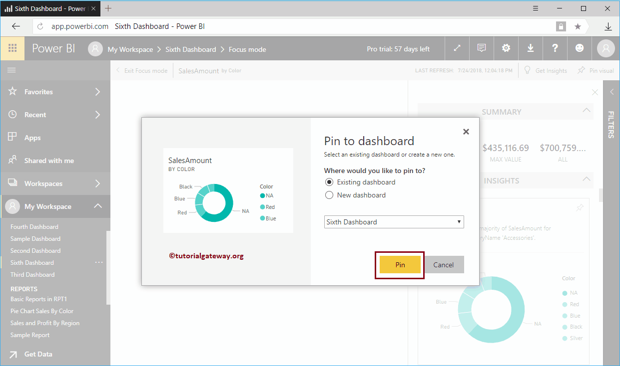 Choose Existing Dashboard option and click Pin button 8
