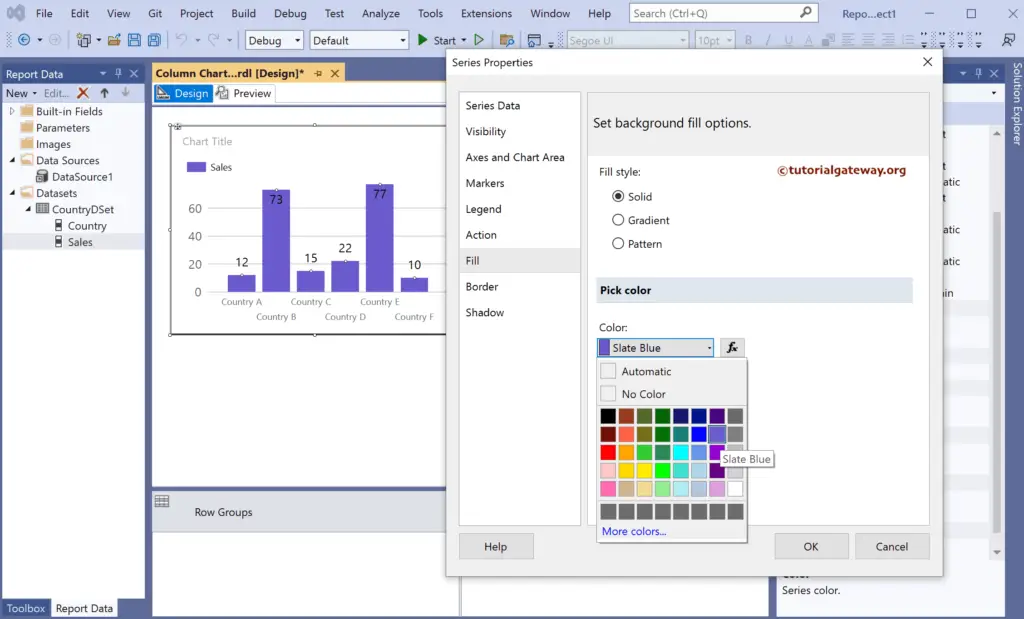 Pick the Solid Color to Add Custom Colors to SSRS Column Chart