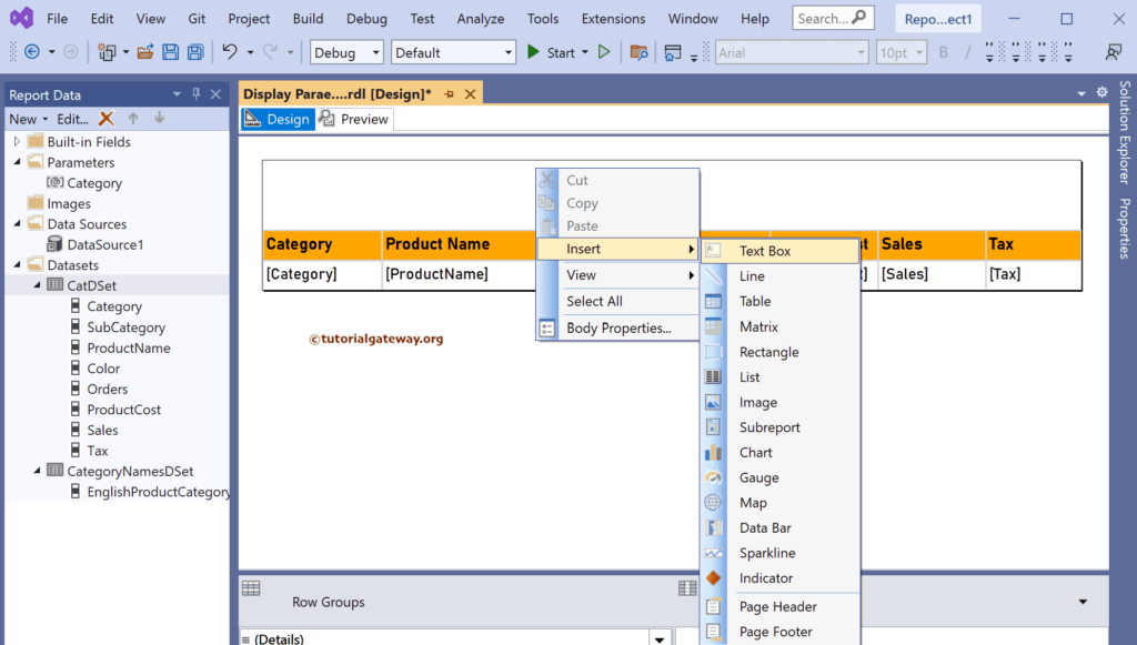Add a Text box to Display Parameter Value in SSRS Report
