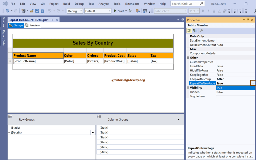 Change RepeatOnNewPage property in SSRS to Repeat Header and Title