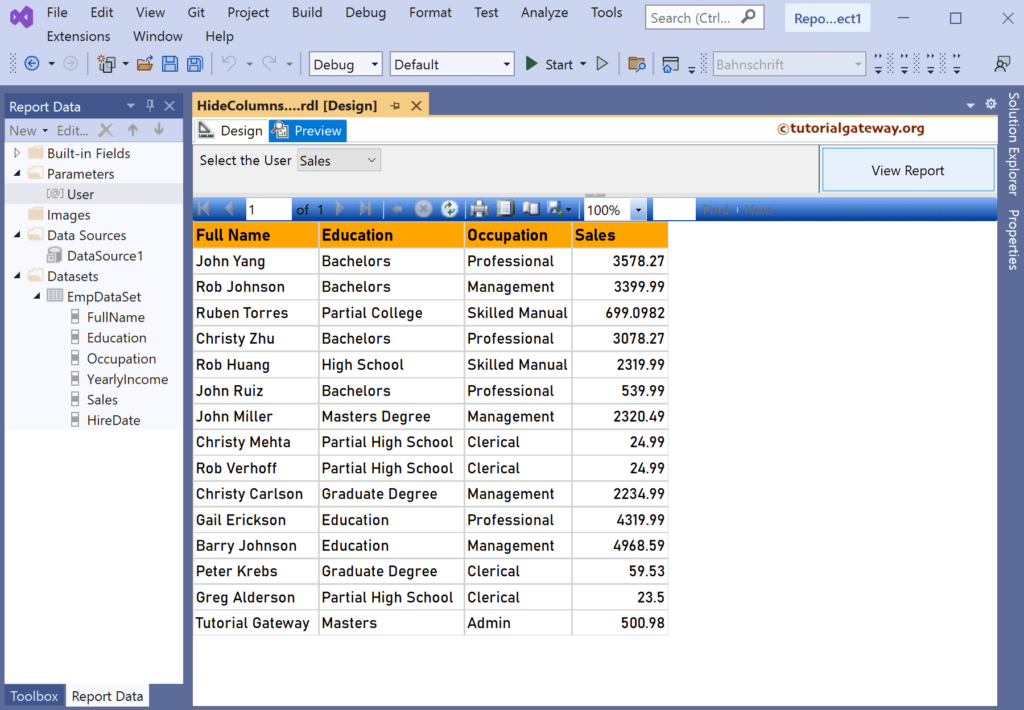 Preview of the SSRS Parameter Value to Show or Hide Table Columns