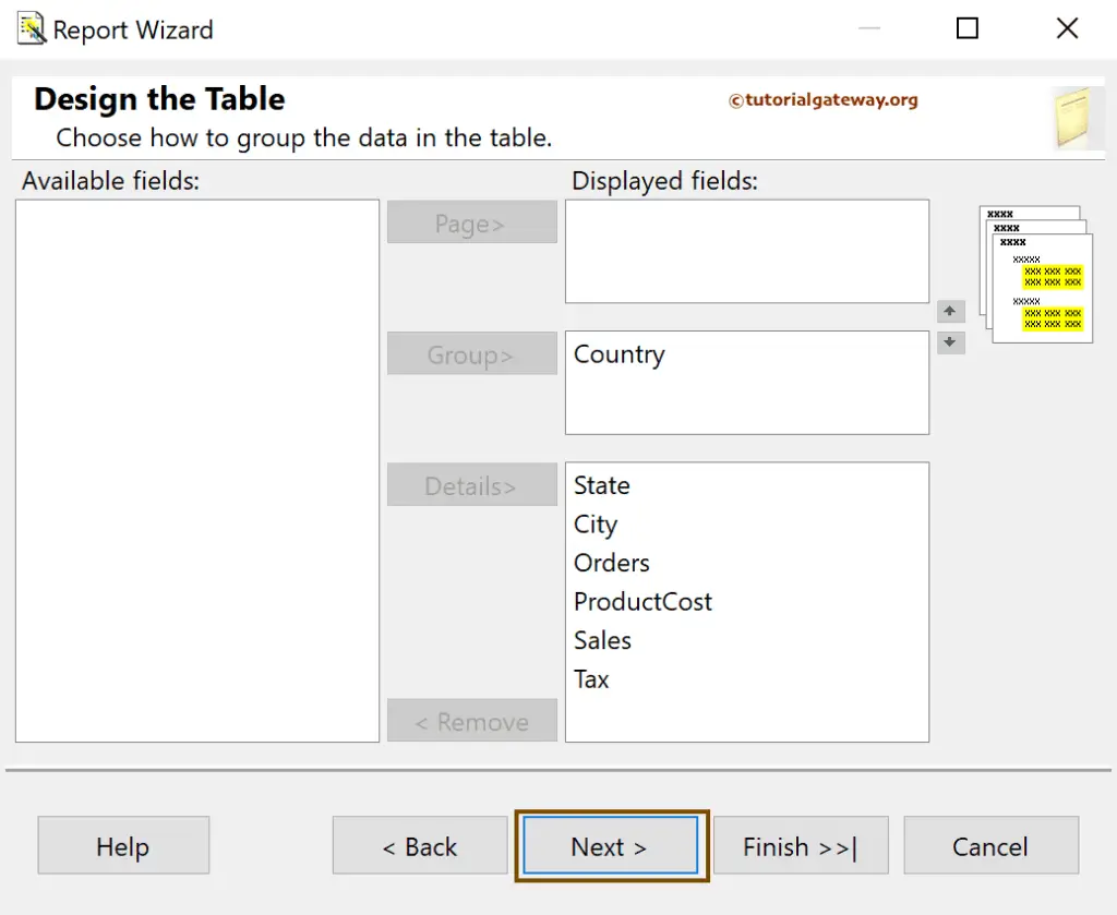 Available Columns to design SSRS Stepped Table using Report Wizard