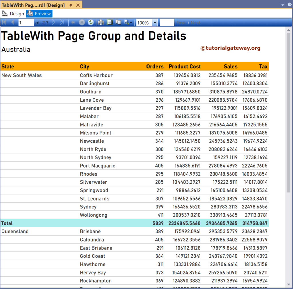 SSRS Table using Report Wizard Page Group and Details Preview