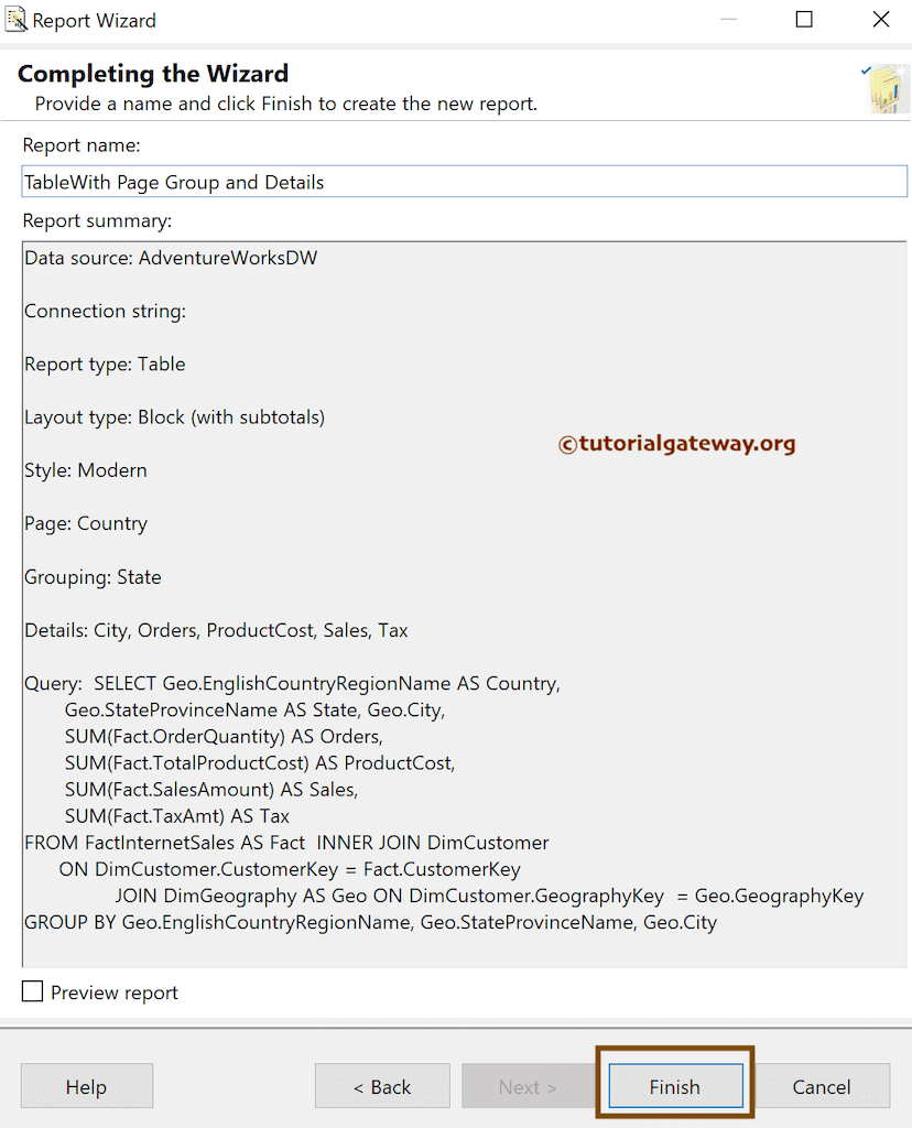 SSRS Table using Report Wizard Page, Group, and Details