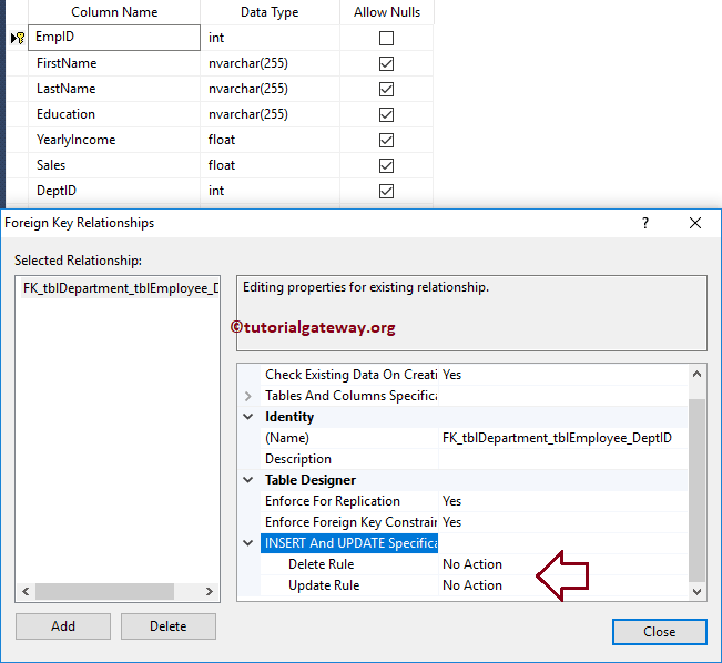 Insert and Update Specific Delete Rule and Update Rule Set to No action 4