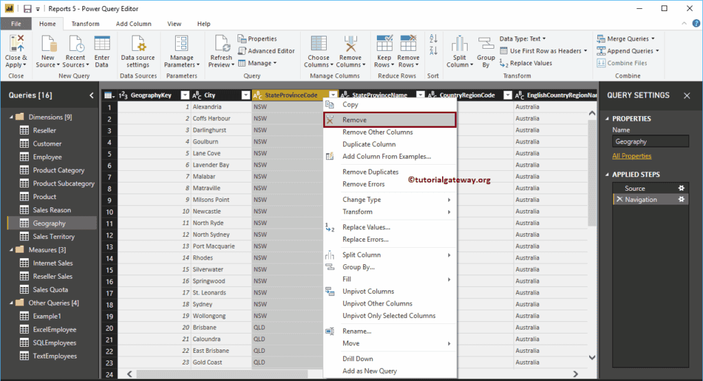 Remove or Reorder Columns in Power BI 3