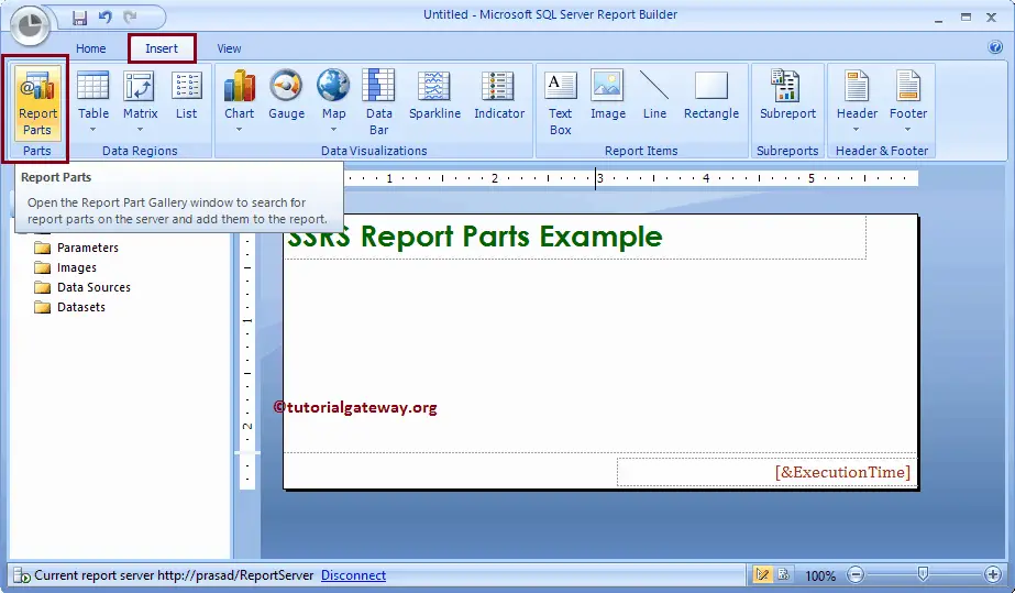 Click on the Report Parts Icon