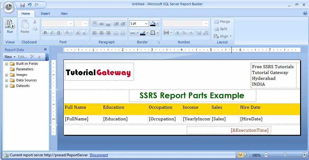 Add Report Parts to Table