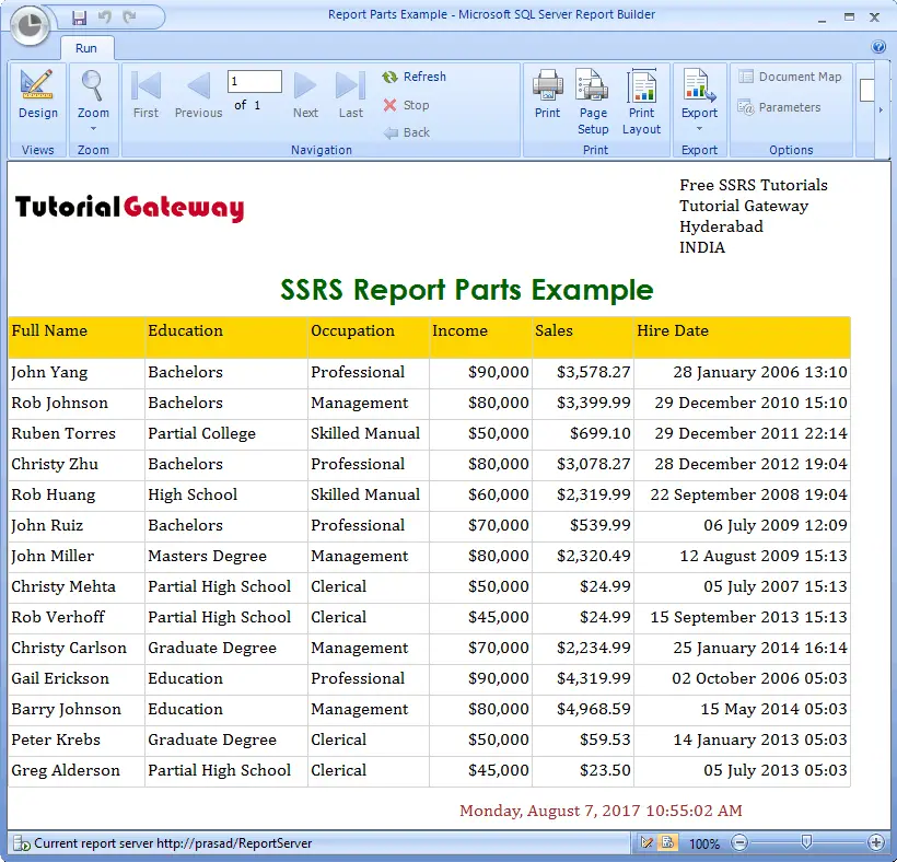 Table withReport Parts Preview