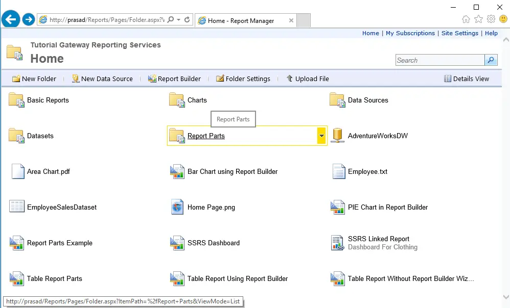 Report Parts Folder in Reporting Service