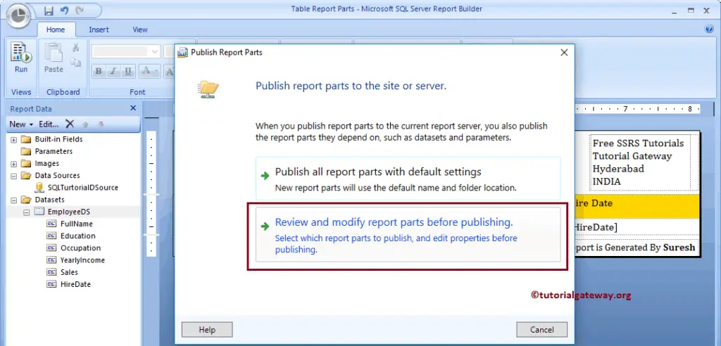 Review and Modify Report Parts before Publishing