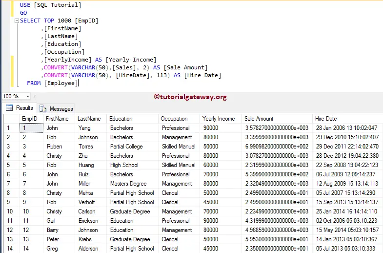SQL CONVERT EXAMPLE on a Employee table Columns 6