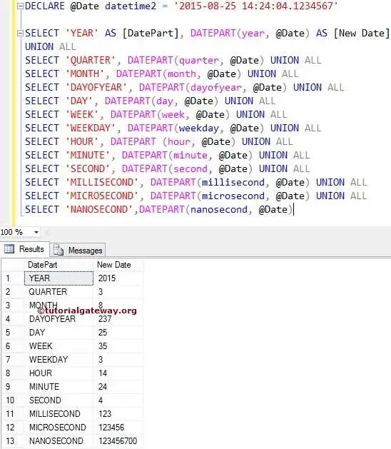 SQL Server DATEPART Example 1