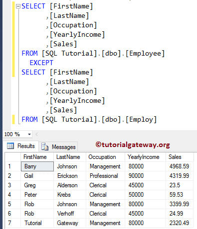 SQL EXCEPT with an equal number of columns 7