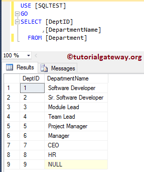 Department Table of XML Example 2