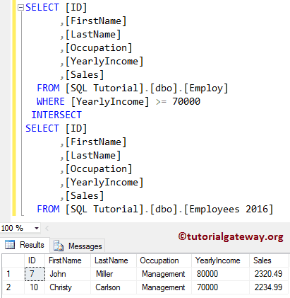 SQL INTERSECT Where Clause Example 4