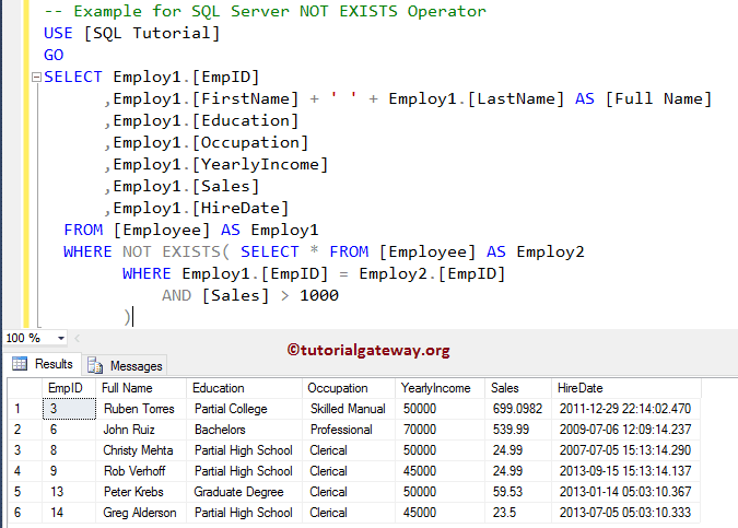 SQL NOT EXISTS Operator 2