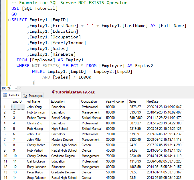 SQL NOT EXISTS Operator 4