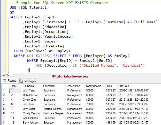 field Relative size Arrange SQL NOT EXISTS Operator