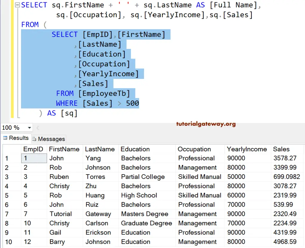 SQL subquery Example 1