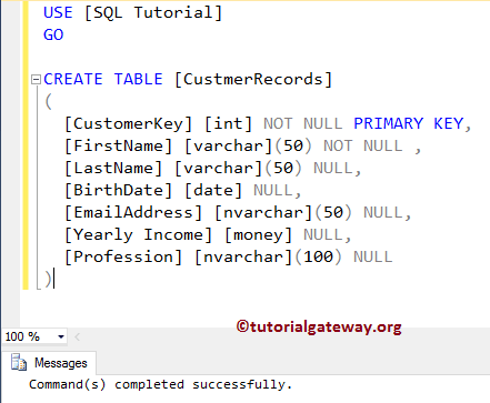 Sql create table primary key