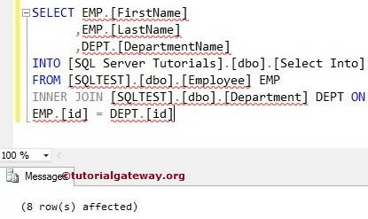 select sql into statement table whether destination database created let data
