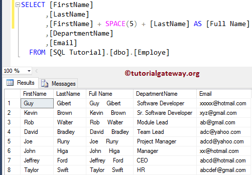 SQL SPACE Function Example 3