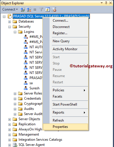 Right-Click on Server Instance and choose properties 6
