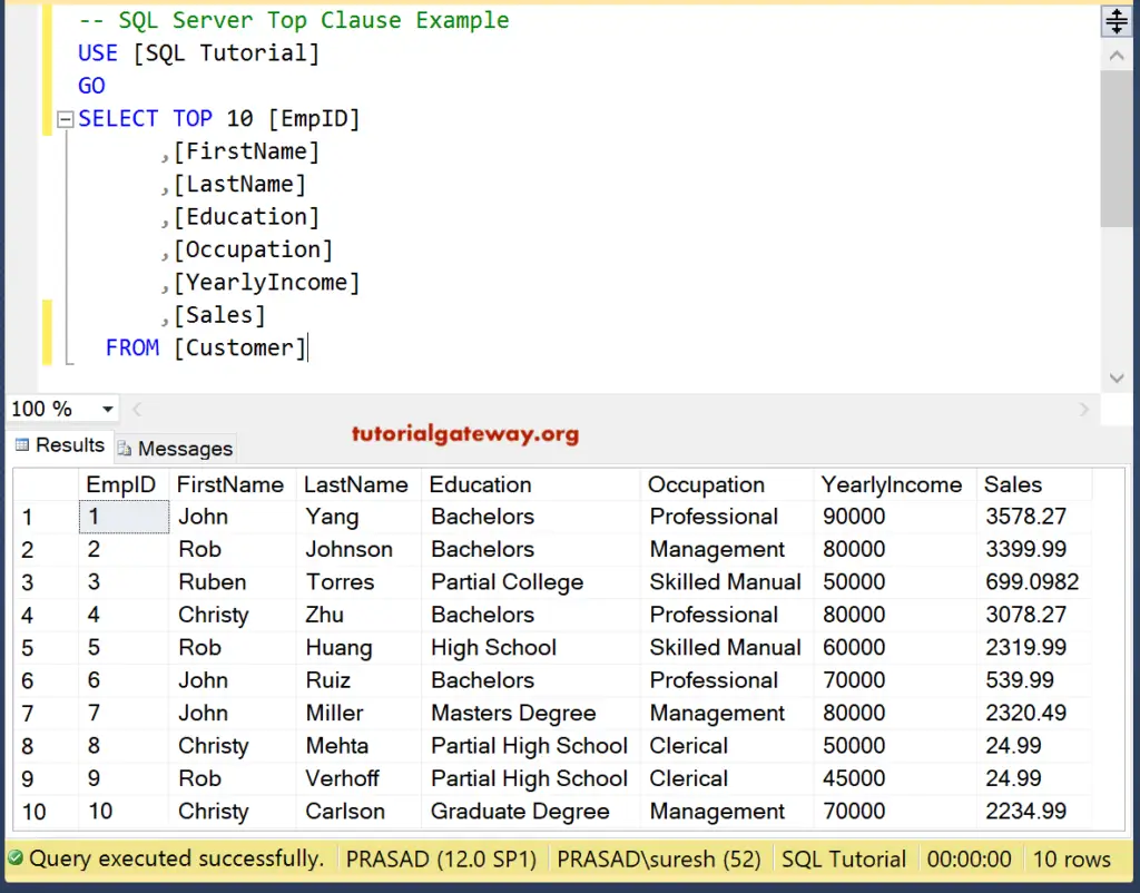 SQL TOP 10 Clause Example 3