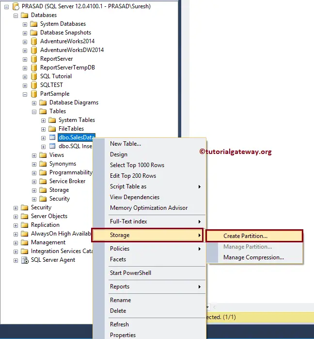 Choose Storage and Create Partition Option in Object Explorer 2