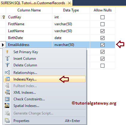 choose Indexes or Keys Option from Context menu 3