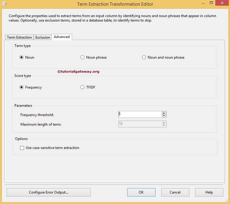SSIS Term Extraction Transformation Advanced Tab