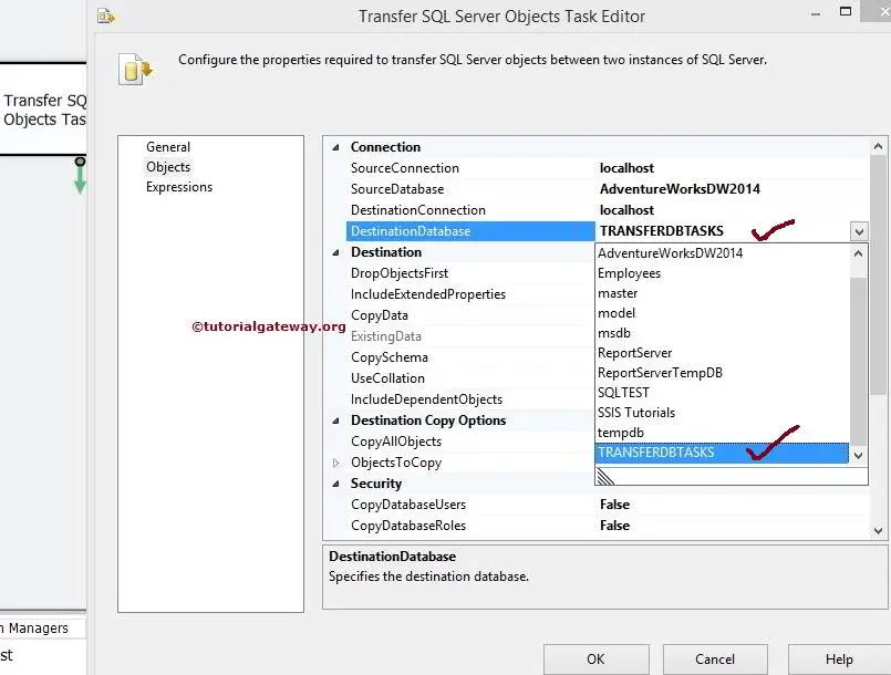 SSIS Transfer SQL Server Objects Task Destination Database