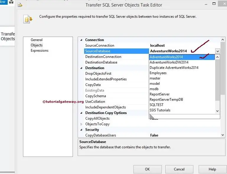 SSIS Transfer SQL Server Objects Task Source DataBase 1