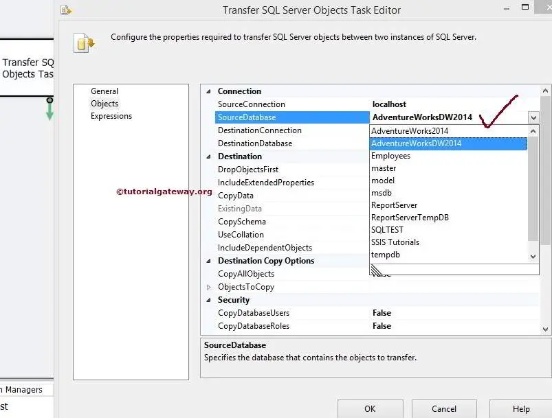 SSIS Transfer SQL Server Objects Task Source Database