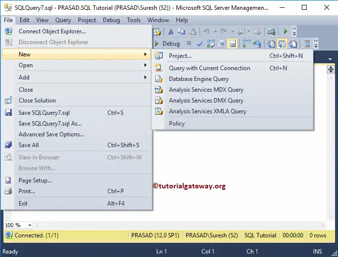 SQL Management Studio File Menu