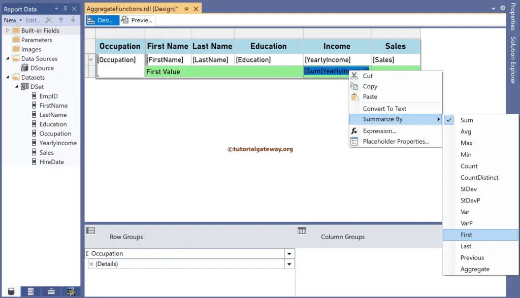 Change the Summarized by option to SSRS First Function
