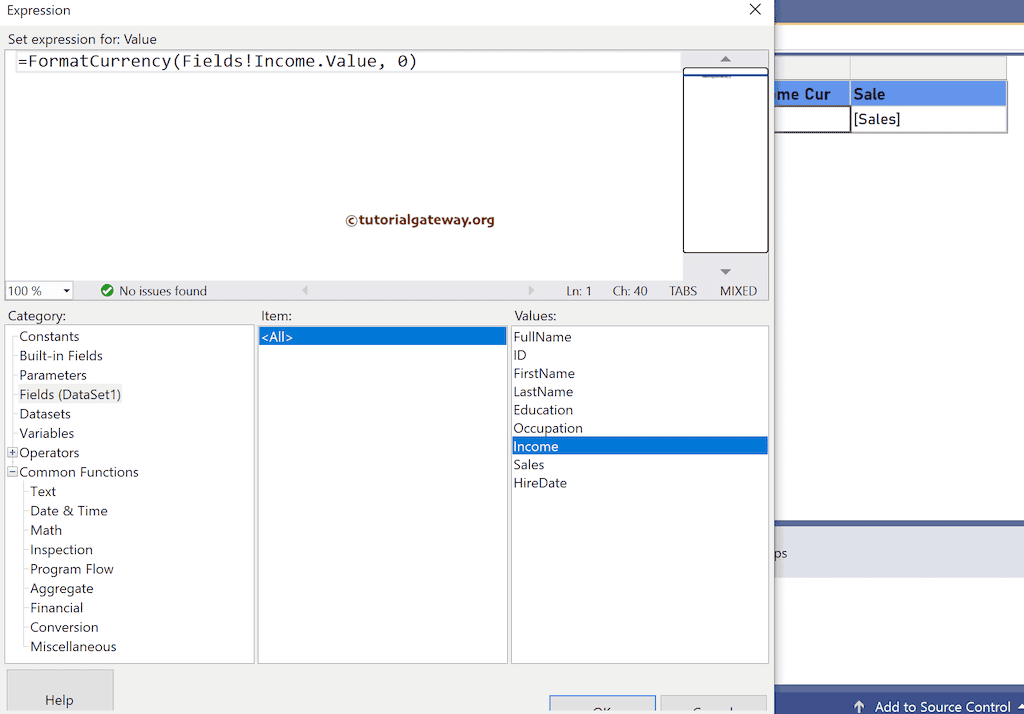 SSRS FormatCurrency Function Expression to format currency values