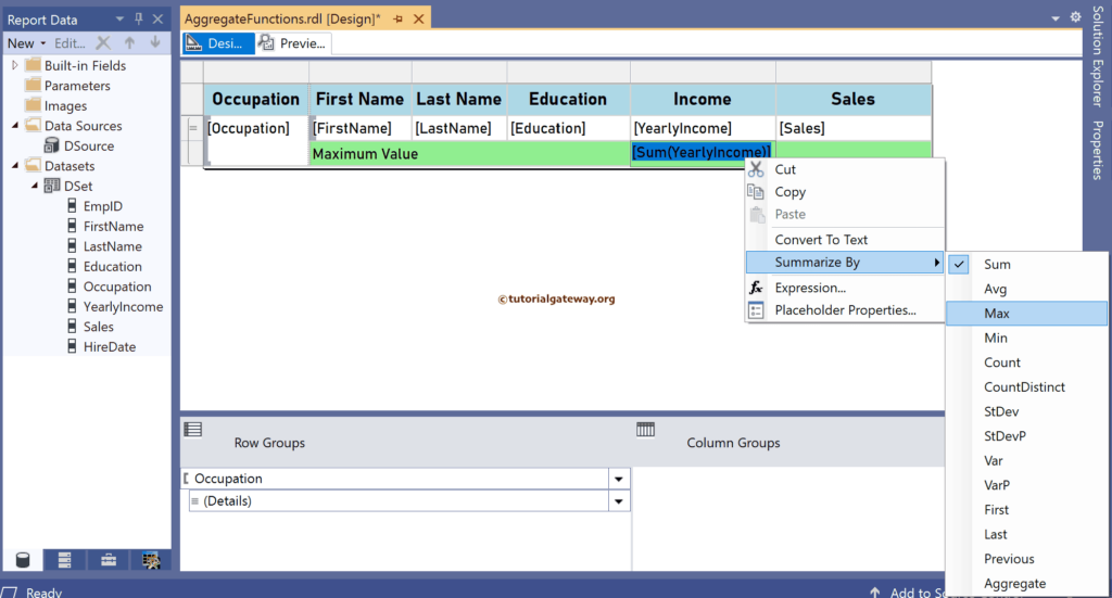 Change the Default Summarized by to SSRS Max Function