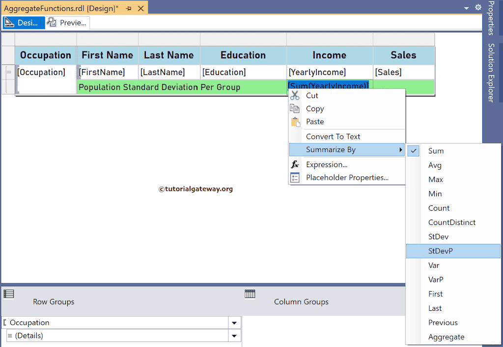 SSRS StDevP Function