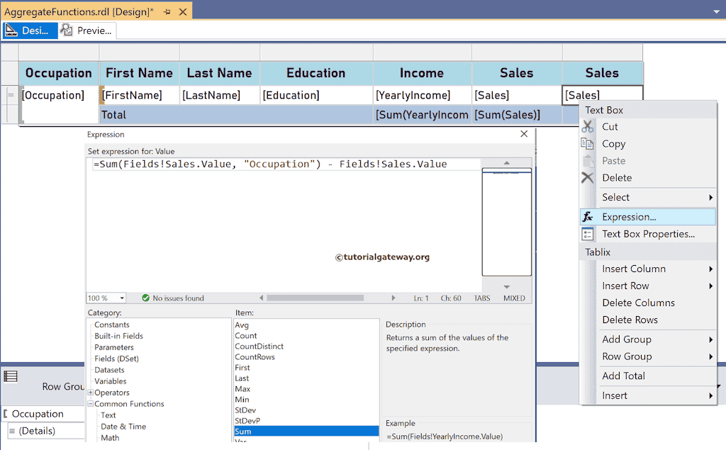 SSRS Sum Function