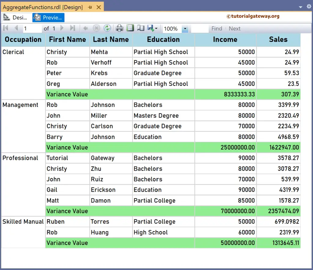 SSRS Var Function preview for income and sales variance