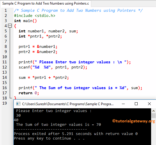 Sample C Program to Add Two Numbers using Pointers 1