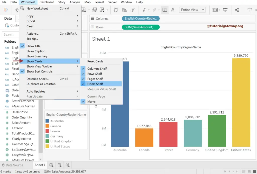 Use Worksheet Menu to Show or Hide Tableau Cards and Shelfs